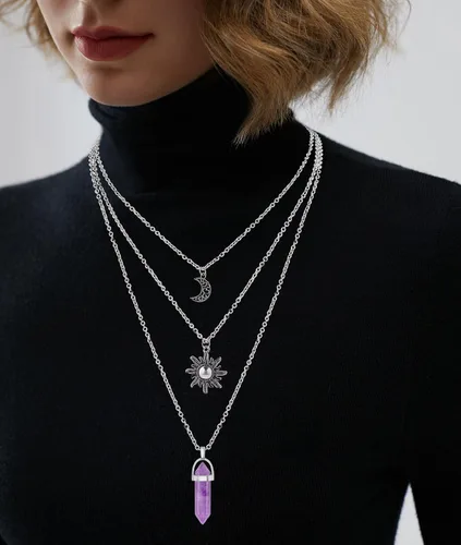 Vista 15 de Collar gótico de sol y luna para mujer, collares con colgante de cristal, accesorios Y2K, collar de luna creciente en capas para mujer, collar