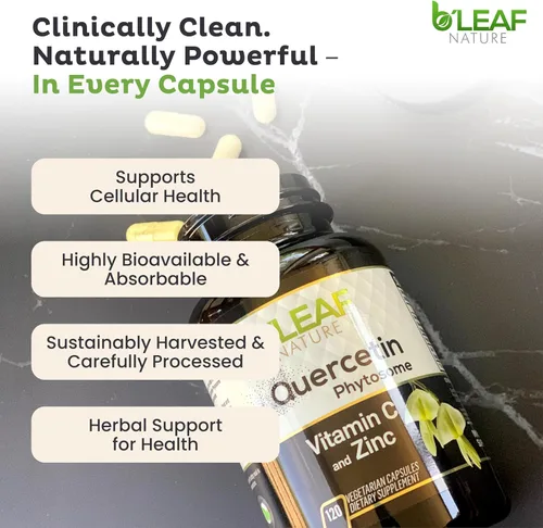 Vista 6 de B'LEAF NATURE Fitosoma de quercetina, 120 cápsulas – 1000 mg de quercetina de alta absorción con vitamina C y zinc – Suplemento de quercetina