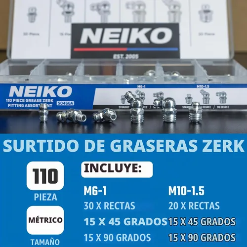 Vista 2 de NEIKO 50466A Juego de accesorios de grasa, 110 piezas, métrico, kit de accesorios de grasa zerk rectos y angulados, acero A3 con revestimiento