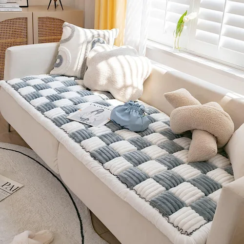 Vista 4 de Tapete cuadrado grande de color crema a cuadros para cama y sofá, funda para sofá, funda protectora de algodón para jardín, elegante, lavable a