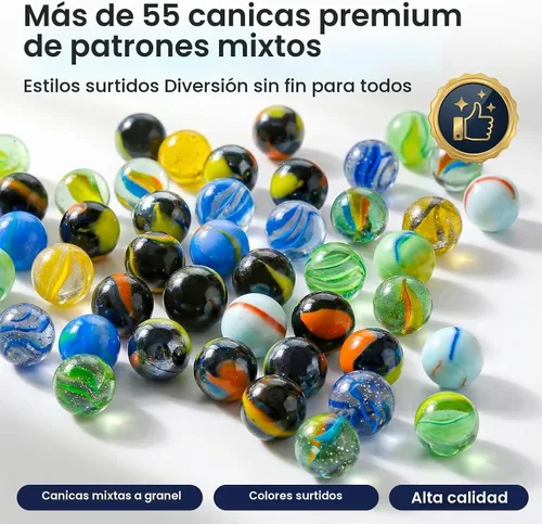 Vista 2 de Poplay - 50 hermosas canicas para jugar, varios colores (1 silbato gratis) Canicas para niños, accesorios de juegos de mármol, bricolaje