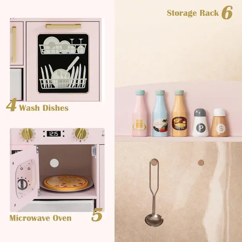 Vista 3 de INFANS Juego de cocina para niños, juego de juguetes de cocina de madera para niños pequeños con tablero de dibujo acrílico, máquina de hielo