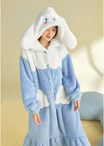 Vista 4 de Bata de baño con botones para mujer, abrigo de felpa cálido, pijama larga con bonito patrón de bolsillo