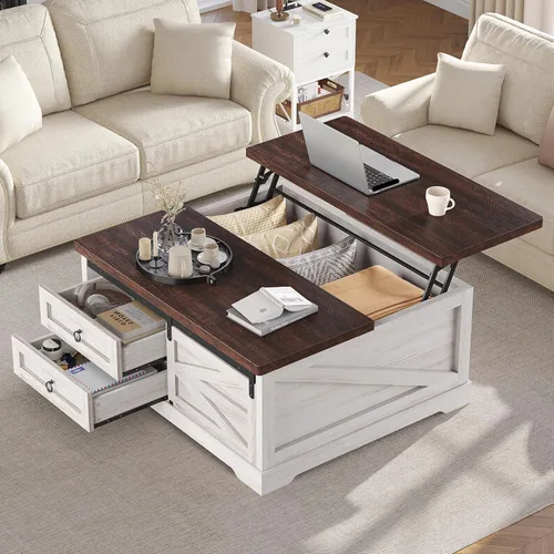 Vista 12 de Itaar Mesa auxiliar elevable de 39.4 pulgadas con almacenamiento, mesas de centro estriadas para sala de estar, mesa de centro cuadrada con gran