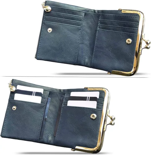 Vista 2 de PofeeXIO Billetera para Mujer RFID Pequeña Compacta Bifold de Cuero Vintage, Monedero para Damas con Cremallera y Cierre de Beso