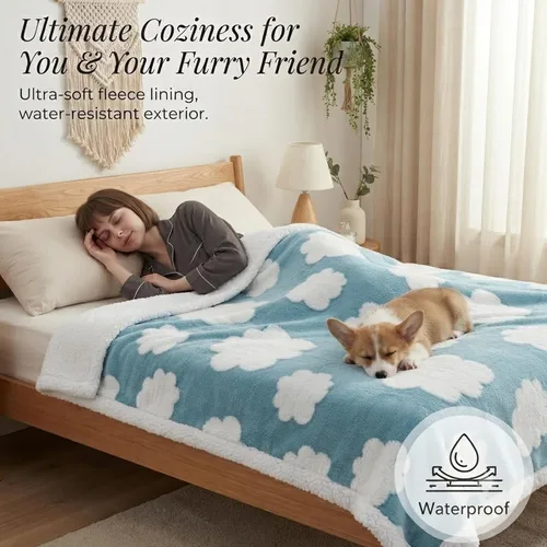 Vista 5 de Manta impermeable para mascotas, funda de cama para perro, sofá, elegante manta de jacquard para mascotas, para cachorros, gatos, lavable, Nube azul
