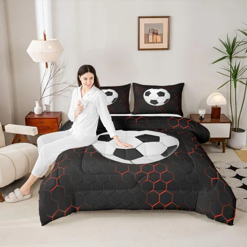 Vista 4 de Juego de edredón de panal negro y rojo para adolescentes, jóvenes y adultos, juego de ropa de cama de fútbol y fútbol, juegos de edredón hexagonales
