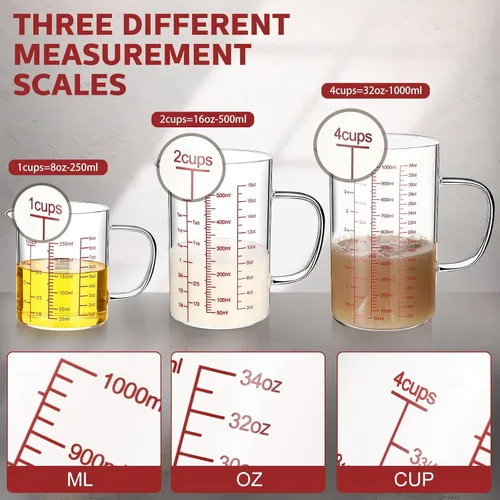 Vista 5 de Lallisa Juego de 3 tazas medidoras de vidrio de borosilicato alto con asa en forma de V, 4, 2, 1 taza y 3 escalas (onzas, taza, ml), para cocina
