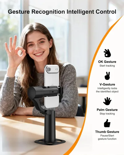 Vista 5 de Trípode de seguimiento automático de doble eje de 70 pulgadas, horizontal de 360° y palo selfie giratorio vertical de 130° para iPhone, Android