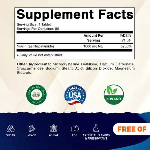 Vista 2 de Vitamatic Niacinamida 1000 mg 90 comprimidos - Vitamina B3 sin rubor - Apoya la producción de energía