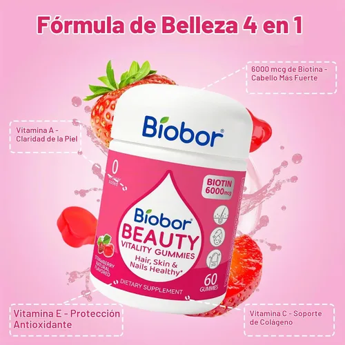 Vista 3 de Biobor Gomitas para el cabello, piel y uñas, 6000 mcg de biotina