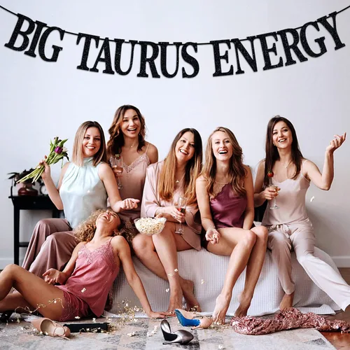 Vista 2 de Cartel de energía de Tauro grande con purpurina negra, decoración de fiesta de cumpleaños de Tauro de abril/mayo - 12 decoraciones de fiesta
