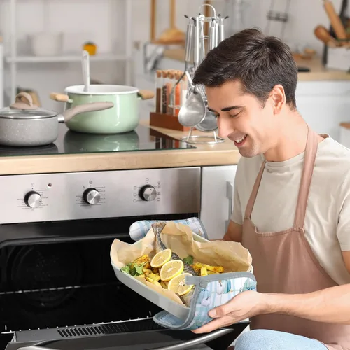Vista 4 de Bencailor - Juego de 6 manoplas de cocina de otoño para ollas y guantes de horno, guantes de horno de calabaza azul, soportes para ollas de cosecha