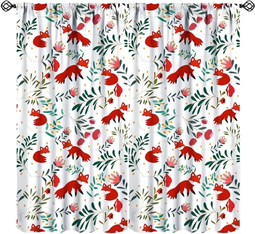Vista 13 de Cortinas opacas de dibujos animados de animales de bosque naranja, zorro, flores, luna, hojas azules, arte abstracto, niños y niñas, decoración