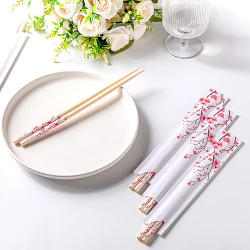 Vista 4 de 50 pares de palillos de flor de cerezo a granel con funda azul, palillos desechables de bambú de eucalipto, favores de boda, suministro de comida