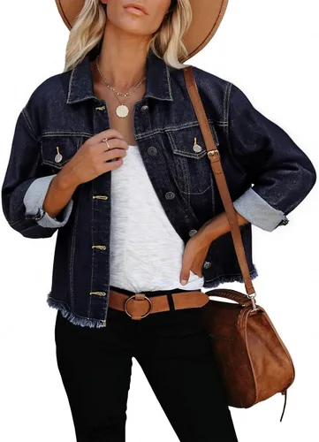 Vista 9 de Chaqueta de mezclilla para mujer, desgastada, con botones, con bolsillos.