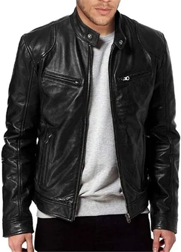 Vista 2 de ADUWOAN Chaqueta de cuero sintético para hombre, ligera, vintage, clásica, con cremallera, de piel sintética