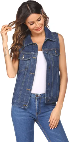 Vista 3 de Chaleco de mezclilla para mujer, casual, clásico, con bolsillos con solapa en el pecho