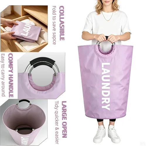 Vista 5 de Bolsa de lavandería plegable de 90 litros con asa, canasta grande para ropa sucia, cesta plegable para ropa sucia, color morado, cesta impermeable