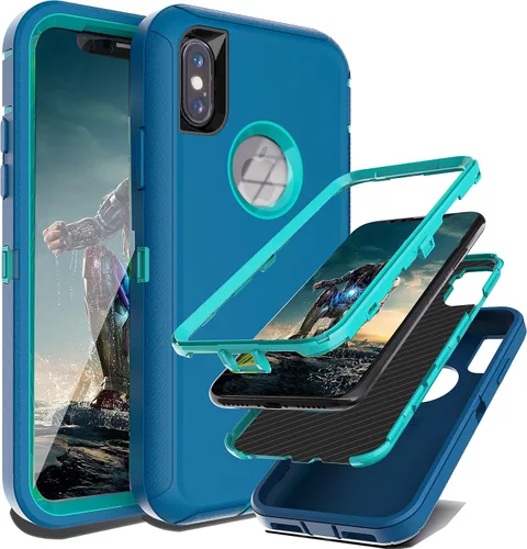Vista 9 de YmhxcY Funda para iPhone X, iPhone Xs, a prueba de golpes, a prueba de caídas, a prueba de polvo, 3 capas, duradera, funda de teléfono de protección