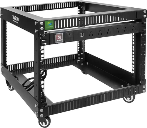 Vista 17 de RIVECO Estante de servidor de marco abierto de 6U con ruedas: montaje rápido de 4 postes para uso pesado, soporte de 19 pulgadas, gabinete de 600 KG