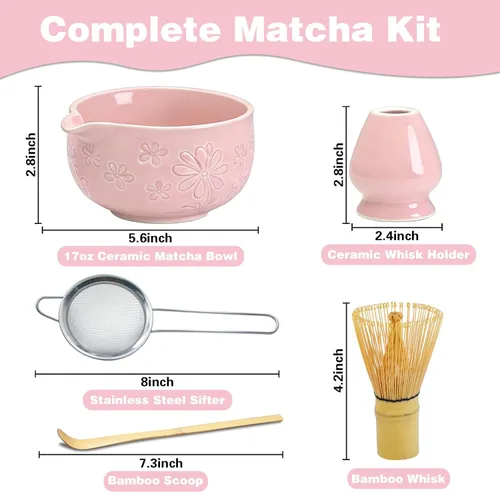 Vista 4 de Juego de batidor de matcha, kit de fabricación de matcha de cerámica rosa con batidor tradicional de bambú, cuenco matcha, cuchara, tamiz y soporte