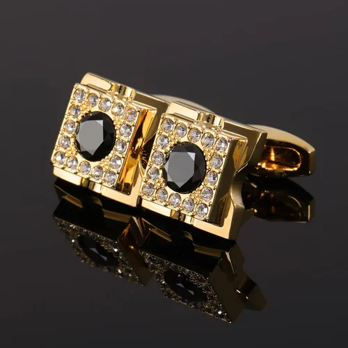 Vista 5 de Sogee Gemelos chapados en oro de 18 quilates de cristal negro para hombre, cuadrados, elegantes, gemelos para negocios, bodas, fiestas, regalo único
