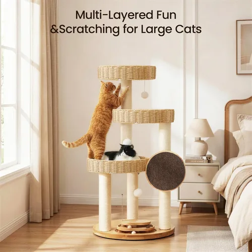 Vista 3 de Árbol de madera maciza para gatos grandes, torre moderna para gatos de 48 pulgadas con cestas tejidas a mano, condominio para gatos de varios