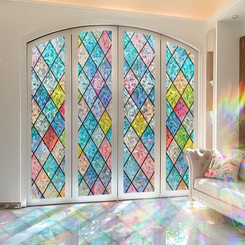 Vista 8 de Lámina de privacidad para ventana Windimiley con diseño de vidrio manchado: adhesivo estático decorativo floral 3D arcoíris con control de calor
