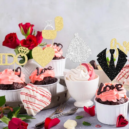 Vista 6 de 24 adornos para cupcakes de boda con texto en inglés «Love I Do» para decorar cupcakes, anillo de corazón, decoración para despedidas de soltera