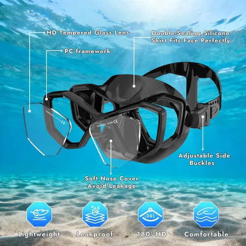 Vista 3 de Scuba Mask Adults, Snorkel Diving Mask, Freediving Mask, Snorkeling Gear Swimming Goggles HD Tempered Glass, Low-Volume Dive Mask with Nose Cover