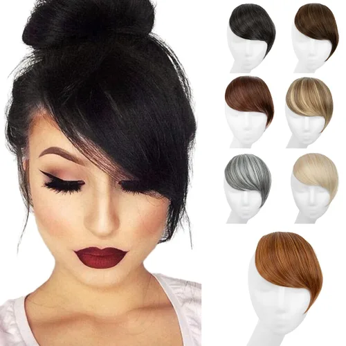 Vista 13 de SARLA Flequillo lateral negro marrón con clip en piezas de cabello sintético, extensión de flequillo recto para mujeres