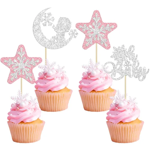 Vista 19 de Gyufise 24 adornos de copos de nieve Oh Baby para cupcakes con purpurina azul, decoración de pastel de baby shower congelado para baby shower