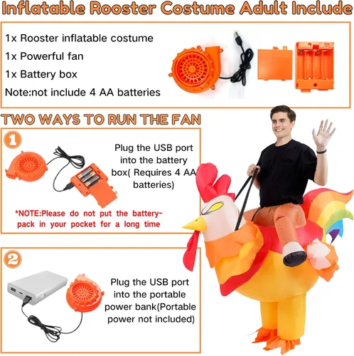 Vista 6 de Disfraz inflable de pollo para adultos, traje de gallo inflable para Halloween, divertido disfraz de animal para hombres y mujeres