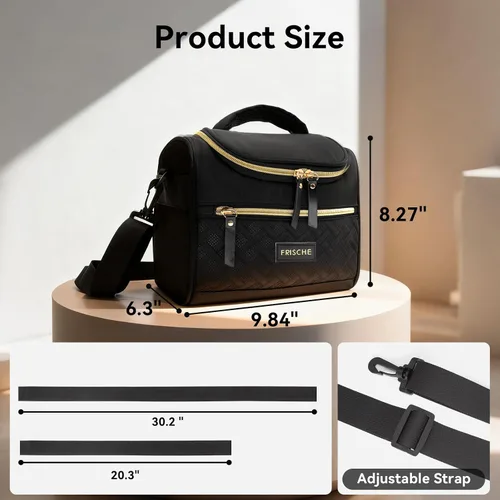 Vista 3 de Lonchera para mujer, reutilizable, aislada, con correa de hombro ajustable y bolsillo frontal, a prueba de fugas, térmicas, a prueba de fugas, Negro