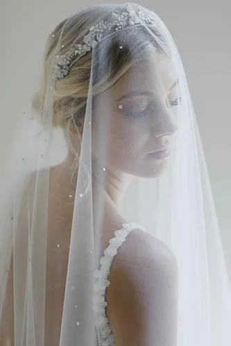Vista 9 de Passat Velo de novia de cristales austriacos para novias, velo de novia corto de marfil con diamantes de imitación para novia
