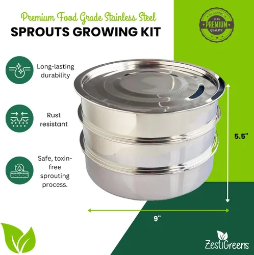 Vista 2 de ZESTIGREENS Kit de germinación de semillas de acero inoxidable - Bandeja de germinación de semillas apilable de 3 niveles con tapa para germinar