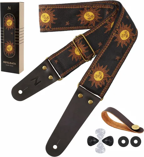 Vista 23 de Nefelibata Correa de guitarra, correas de guitarra de algodón bordadas con extremos de cuero de vaca para bajo, guitarras eléctricas y acústicas
