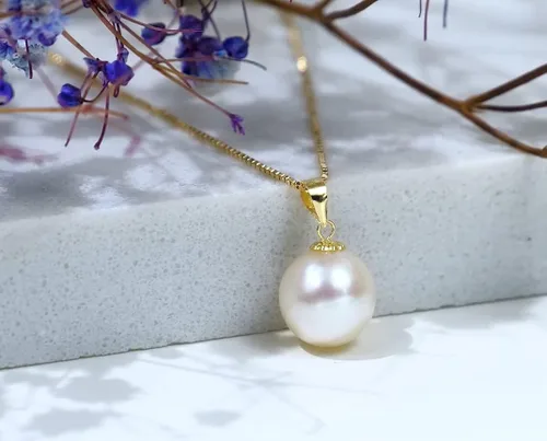 Vista 2 de 18k Gold Pearl Pendant with 14k Gold Box Chain Necklaces for Women Jewelry Gifts for MotherWife Christmas Present for Her 18 Inch 9 mm Freshwater