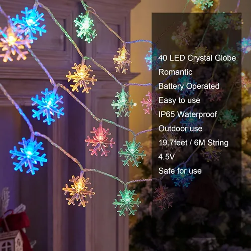 Vista 4 de AUAUY Guirnalda de luces de copos de nieve, 40 luces LED de 19.6 pies, funciona con pilas, 2 modos, luces impermeables para exteriores, interiores