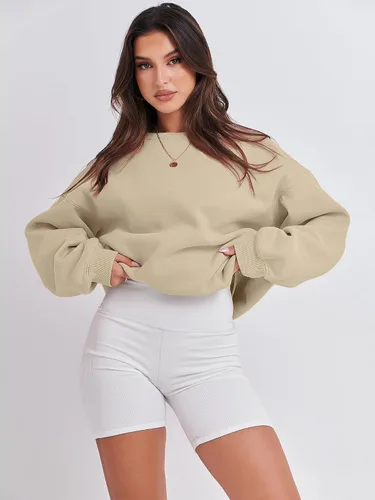 Vista 3 de Caracilia Sudadera de manga larga para mujer, casual, ajuste holgado, cuello redondo, sudadera con capucha 2023 para otoño