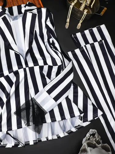 Vista 3 de Halloween Cosplay Set Women's Black White Striped Kit Vertical Stripe Blazer Movie Character Costume