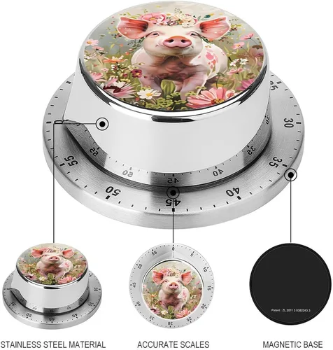 Vista 3 de Pig Floral Kitchen Timer Mechanical No-Battery, Magnetic Back, Loud Alarm for Kitchen, Study & Fitness