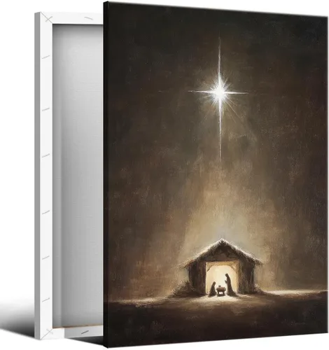 Vista 24 de Arte de pared en lona de árbol de Navidad y pino, póster rústico iluminado de abeto nevado, decoración de pared de vacaciones de invierno antigua