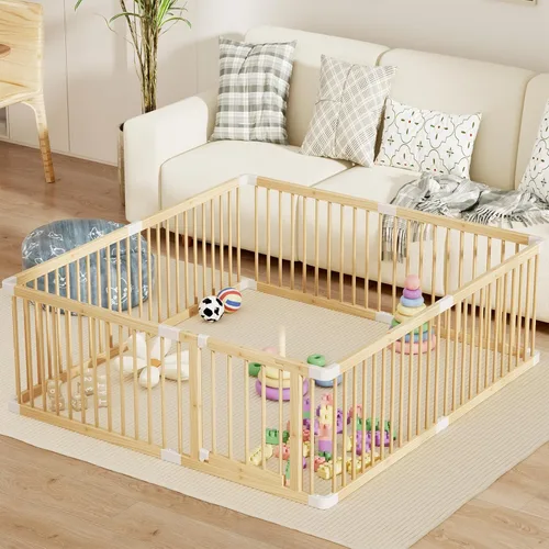 Vista 11 de Corralito grande de madera para bebés, puerta ajustable para niños pequeños y bebés, valla resistente, patio de juegos para bebés con puerta, área