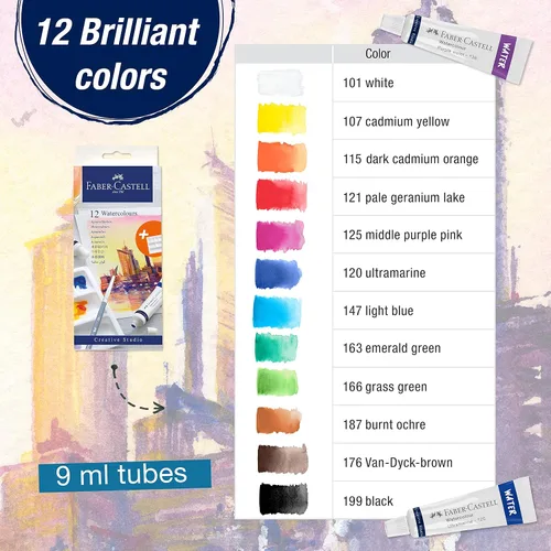 Vista 3 de Faber-Castell Juego de pintura de acuarela, 12 tubos de pintura de acuarelas líquidas (0.3 onzas líquidas) y paleta de mezcla, suministros de arte