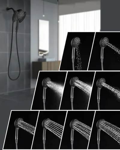Vista 4 de Cabezal de ducha 2 en 1 con combo de mano de alta presión, color negro, 2.5 GPM 7.2" Rain Showerhead and 9 Spray Hand Held Shower, Adjustable