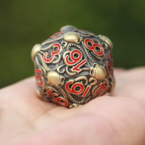 Vista 6 de Dados de metal D20 con diseño intrincado de pulpo, acabado antiguo y números rojos para Call of Cthulhu, RPGs-DNDWoW BZQR