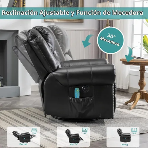 Vista 7 de MEETWARM Sillón reclinable giratorio de masaje con calor y vibración, mecedora manual mecedora, silla reclinable giratoria de 360° con control Negro