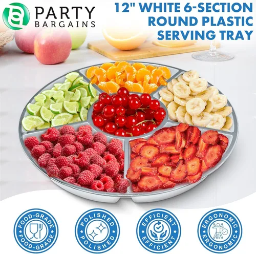 Vista 5 de PARTY BARGAINS Bandeja redonda de plástico de 12 pulgadas, 6 secciones, color blanco con borde plateado, paquete de 1